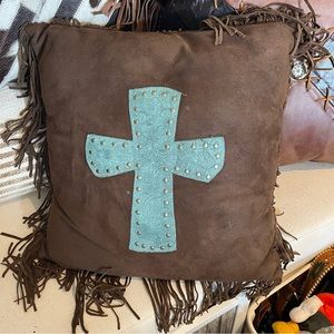 HiEnd Accents Paseo Road Western Cross Faux Suede Leather Fringe Pillow 18”